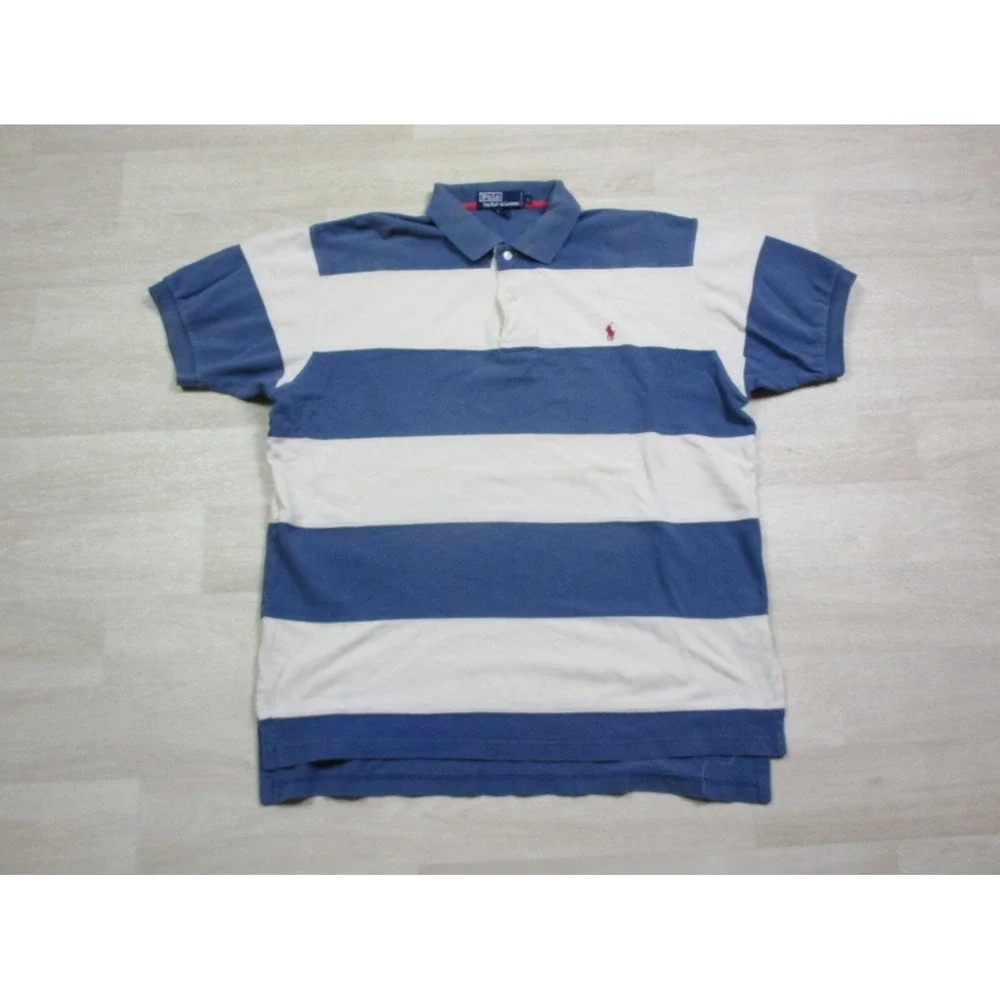 Men's Vintage Polo Ralph Lauren Cut and Sew Striped Polo Shirt‎ (L) Cream & Blue